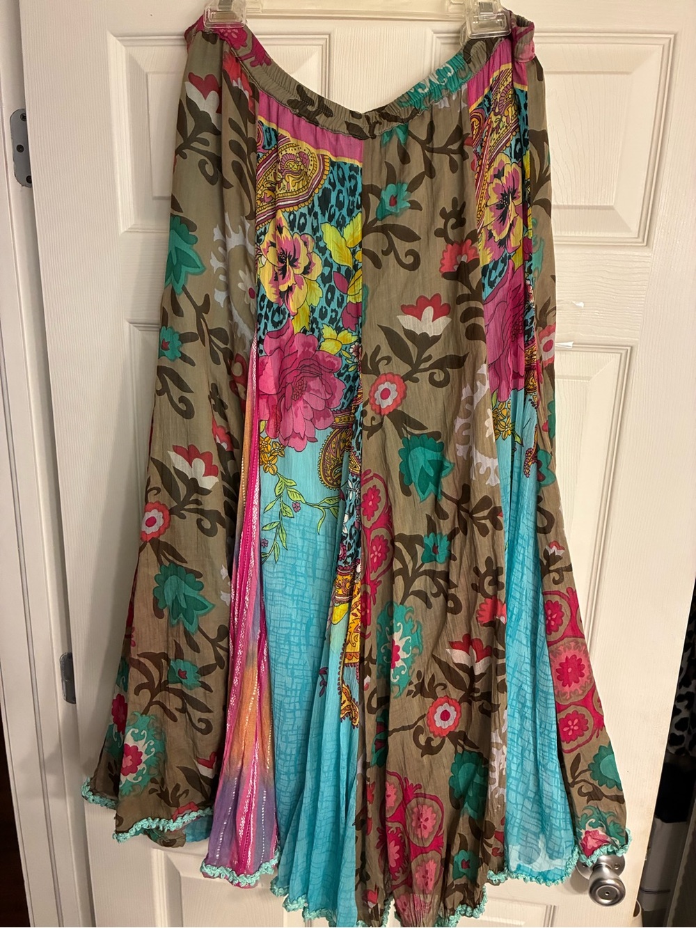 Boho Floral Patchwork Maxi Skirt in Khaki and Turquoise. Whimsical, gypsy,